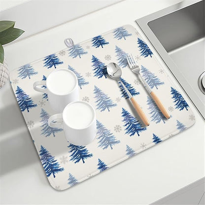 Winter Dish Drying Mat 16 x 18 Inch Blue Tree Dish Drying Pad Absorbent Microfiber Mats for Snowflake Dish Rack Pad for Holiday Kitchen Counter Coffee Bar Decor