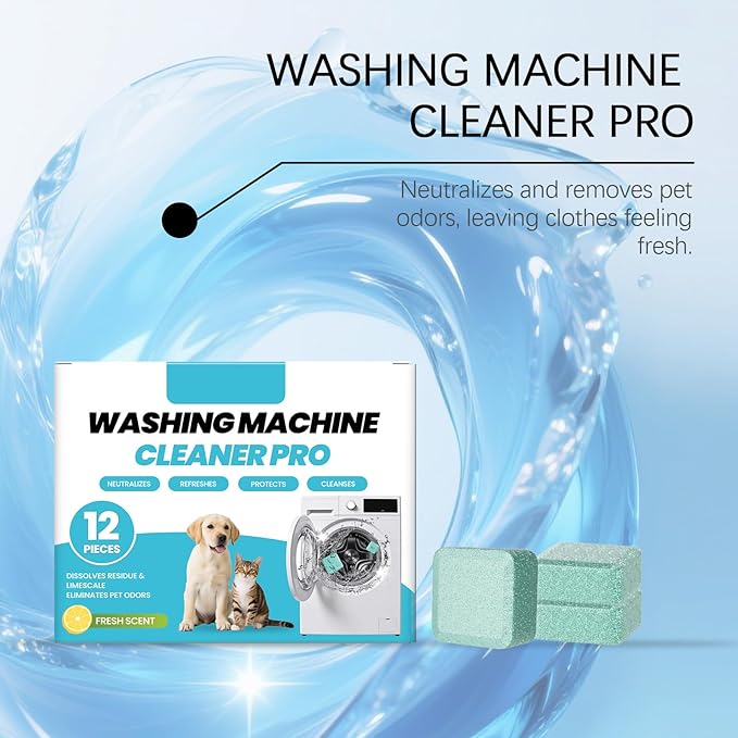 Washing Machine Cleaner Tablets 12-Pack for HE/Top/Front Load Washers, Septic Safe & Fragrance Free, Removes Stubborn Pet Hair, Odors, Mold & Residue