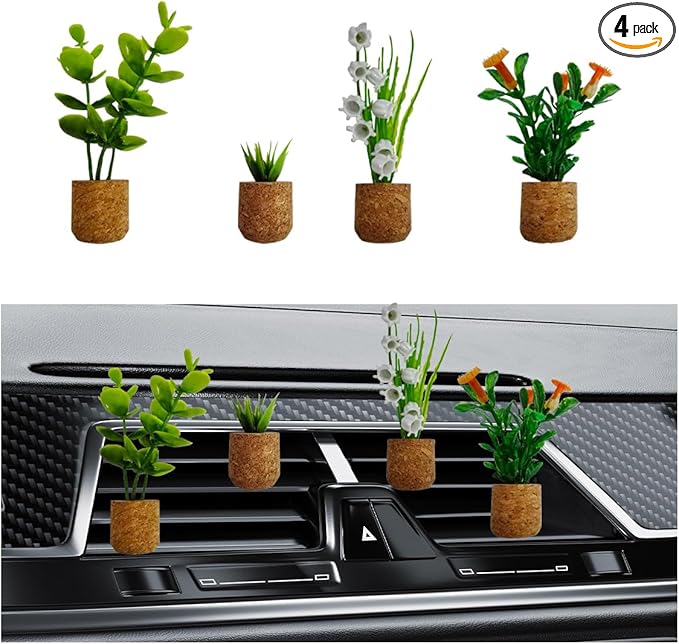 4PCS Plant Car Air Freshener Vent Clip, 3D Artificial Aromatherapy Diffuser, Cute Mini Flower Vase, Creative Interior Decoration Accessories (Type 1)
