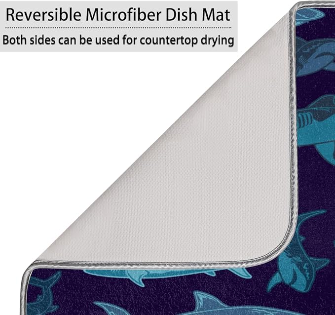 Honeybaby Dish Drying Mat Navy Ocean Shark Dish Drying Mats for Kitchen Counter Absorbent Kitchen Drying Mat Dish Rack Mat 18x24 inches