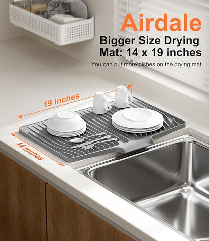 Airdale Dish Drying Mat, Drying Matt Kitchen Counter Silicone Non-Slip Heat Resistant Pad Dishwasher safe Eco-friendly(19 x 14 inches, Grey)