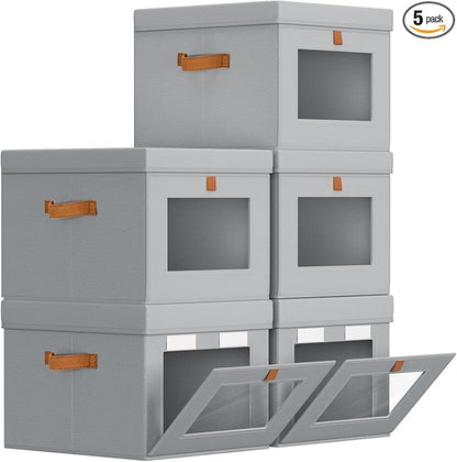Storage Bins with Lid – Closet Organizer with Side Opening and Clear Window, Foldable Stackable Fabric Basket for Clothes, Home, Office - 13.77" x 11.8" x 9.8", 5 Pack, Grey