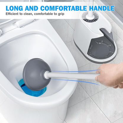 Toilet Plunger and Brush Set, Silicone Bowl Brush and Heavy Duty Toilet Plunger with Ventilated Holder, 2-in-1 Toilet Brush and Plunger Combo for 5.3-inch Toilet Drain Bathroom Deeply Cleaning