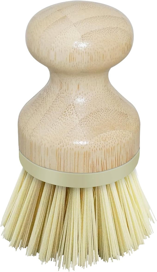 OGGI Natural Bamboo Dish Brush - Round Palm Dish Brush, Non-Scratch, Odorless Nylon Bristles, Durable Scrub Brush for Grease & Grime, Safe Cleaning Brush for Non-Stick Cookware - Khaki Accent Color