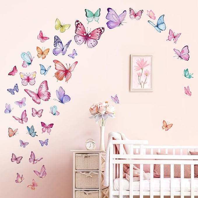 wondever Watercolor Butterfly Wall Stickers Colorful Butterflies Peel and Stick Wall Art Decals for Girls Bedroom Baby Nursery
