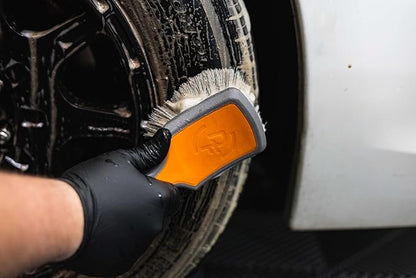 Detail Factory - ProGrip Tire Brush - Ergonomic ProGrip Handle, Stiff Synthetic Bristles, Ergonomic Design, Efficient Tire Brushes for Cleaning Tires - Solar Flare