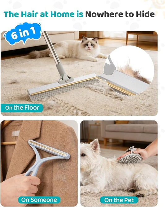 Carpet Rake for Pet Hair Removal, Reusable Pet Hair Remover Tool with 54 Inch Adjustable Long Handle, 3 Piece Carpet Scraper Set with Pet Bath Brush for Rugs, Couch, Furniture and Stairs