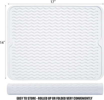 Large 17" x 14" Silicone Dish Drying Mat for Kitchen Counter, Easy clean, Quick Dry, Heat-resistant Dish Drainer Mat for Sink,Refrigerator or Drawer liner (Food Grade Silicone-Translucent)
