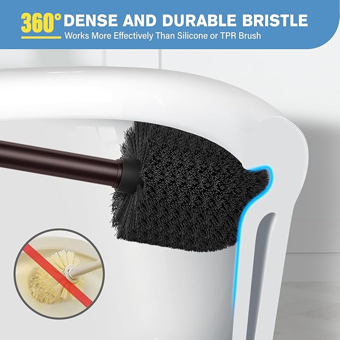 UPTRONIC Toilet Brush, Aluminum Alloy Toilet Brush and Holder Set with Long Handle Durable Bristles Toilet Bowl Brush and Covered Holder for Toilet Scrubber for Bathroom Cleaning (2Pcs Dark Brown)