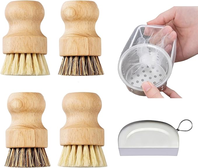 Bamboo Dish Scrub Brushes,Kitchen Wooden Cleaning Scrubbers Set with 100 Kitchen Sink Strainer Mesh Bags, 1 Kitchen Squeegee,4 Pack Round Mini Dish Brush with Ceramic Holder for Kitchen Sink Cleaning