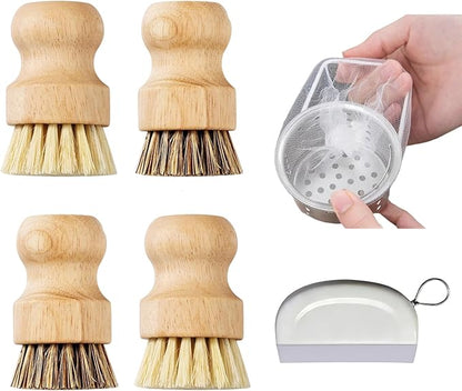 Bamboo Dish Scrub Brushes,Kitchen Wooden Cleaning Scrubbers Set with 100 Kitchen Sink Strainer Mesh Bags, 1 Kitchen Squeegee,4 Pack Round Mini Dish Brush with Ceramic Holder for Kitchen Sink Cleaning