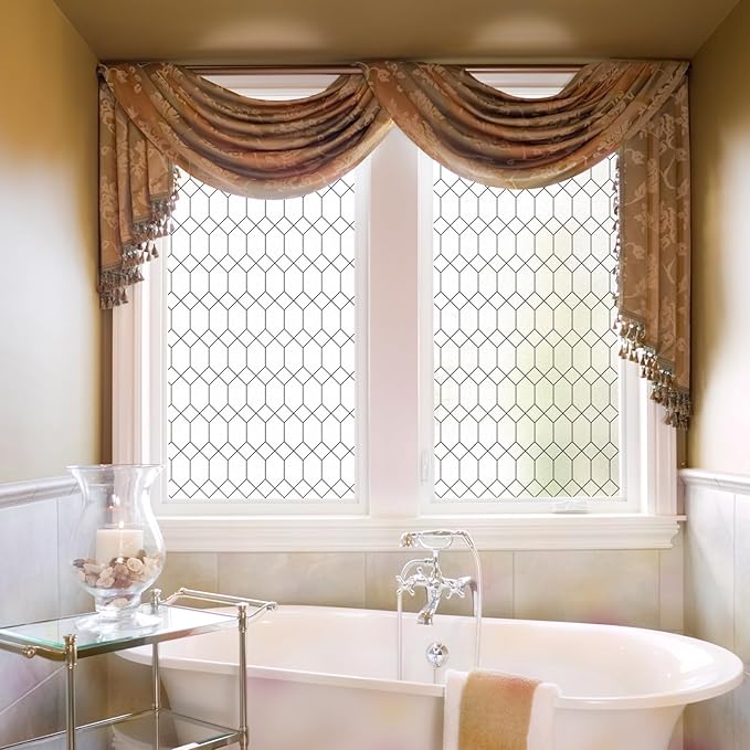 DKTIE Window Privacy Film Stained Glass Frosted Glass Window Clings Moroccan Lattice Decorative Bathroom Door Coverings UV Sun Blocking Heat Control (S593, 17.7in X 78.7in)