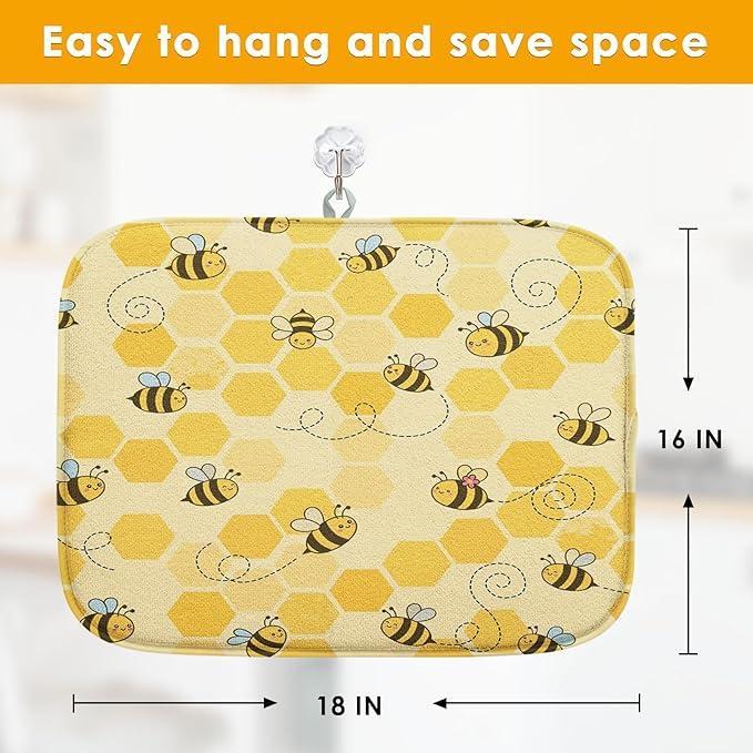Sanwarm Absorbent Dish Drying Mat, Honey Baby Cute Yellow Bees Microfiber Pad for Kitchen Counter, Coffee Bar Decor, Heat Resistant and Reversible, 16" x 18"