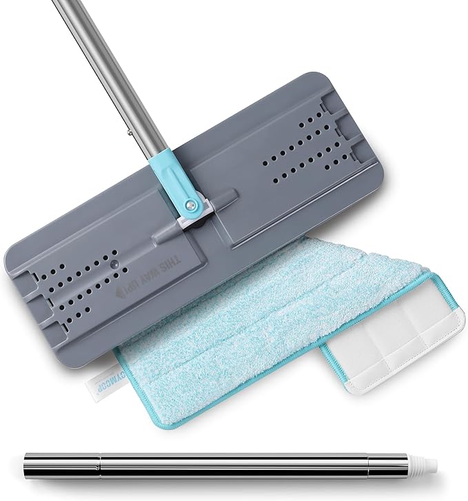 JOYMOOP Flat Mop, Microfiber Mops for Floor Cleaning and Wall Cleaner, 60" Long Handle with Flexible 13" Flat Head with a Microfiber Mop Pad - Grey & Cyan Blue