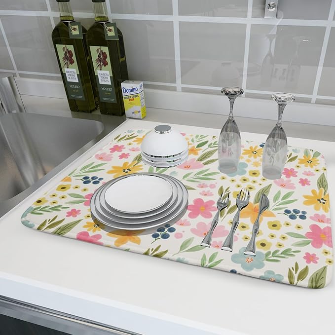 Spring Easter Floral Dish Drying Mat for Kitchen Counter 18x24 Green Pink Yellow Blue Cute Flower Print Absorbent Reversible Microfiber Drying Mats Kitchen Countertop Protector Dishes Drainer Pad