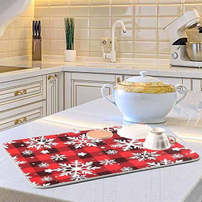 Snowflakes Christmas Checkered Plaid Dish Drying Mat for Kitchen Counter Absorbent Microfiber Drying Pad, Medium 16x18 in
