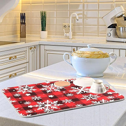 Snowflakes Christmas Checkered Plaid Dish Drying Mat for Kitchen Counter Absorbent Microfiber Drying Pad, Medium 16x18 in
