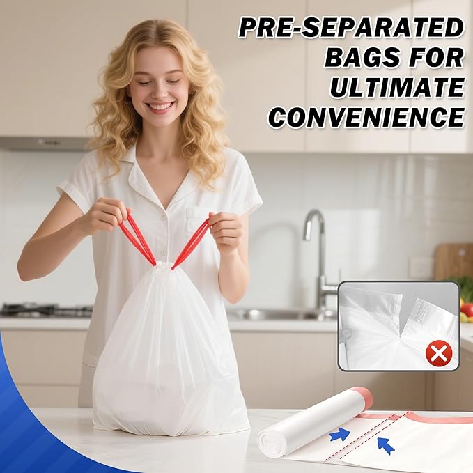 WINNER Trash Bags 13 Gallon, 20 Count Drawstring Tall Kitchen Garbage Bags, Unscented White Recycling Bags, Trash Can Wastebasket Bin Liners House Essentials for Bathroom Apartment Home and Kitchen
