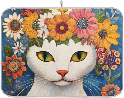 White Cat Colorful Flowers Pattern Dish Drying Mat for Kitchen Counter Super Absorbent Drying Mat 16x18 inch Large Dish Drying Matts for Countertop Protector Dishes Pad