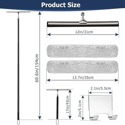 17'' - 60'' Metal Squeegee with Extension Pole for Window,Glass Door,Mirror, 12'' Wide Telescopic Shower Squeegee Cleaner with Long Handle (60'' Telescopic Pole Squeegee)