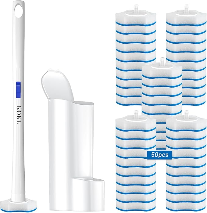 KOKL Disposable Toilet Brush, Toilet Bowl Cleaner Brush with 50PCS Toilet Brush Refills, Toilet Cleaner Refill Pads, Disposable Toilet Bowl Brush and Storage Caddy for Bathroom Cleaning(1-Set)