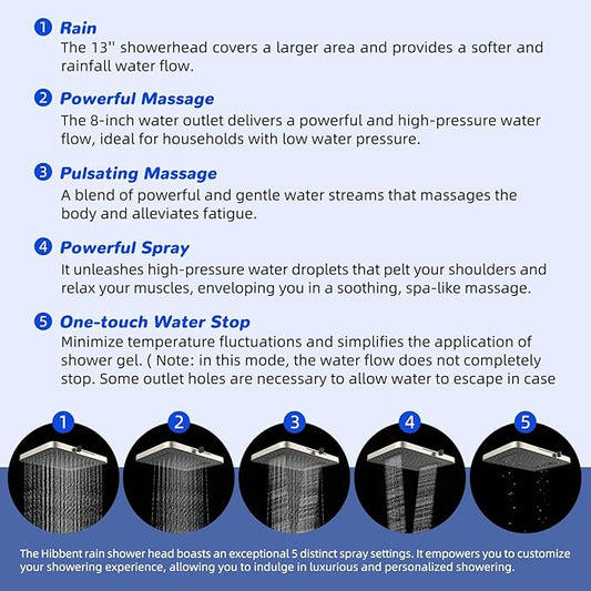 Hibbent 5-spray Filtered Rainfall Shower Head Combo, High Pressure 13'' Showerhead with 10 Spray Modes Handheld, All Metal 3 way Diverter Shower Arm, 71'' Hose and Holder, Brushed Nickel