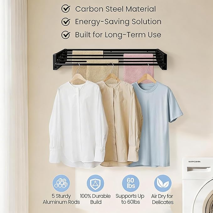 Wall Mounted Laundry Drying Rack, Carbon Steel Foldable & Retractable Clothes Drying Rack, Space Saving Adjustable Towel Holder for Bathroom, Laundry, Small Spaces (1, Black, 80cm)