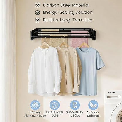 Wall Mounted Laundry Drying Rack, Carbon Steel Foldable & Retractable Clothes Drying Rack, Space Saving Adjustable Towel Holder for Bathroom, Laundry, Small Spaces (1, Black, 80cm)