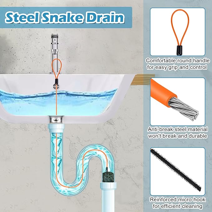 11in1 Drain Snake Set with 24 inch Magnetic Sewer Cleaning Hook, 25 Inch Sink Snake Drain Tool, 34 inch Steel Snake Drain, 59 Inch Tube Drain Brush, 18inch Cleaning Brush for Toilet, Kitchen Sink