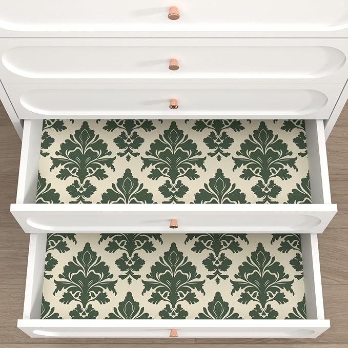 Vintage Green Floral Symmetrical Wallpaper Peel and Stick 17.5" x 118" Boho Leaf Pattern Self Adhesive Cantact Paper, Waterproof Removable Vinyl Wall Covering for Bedroom Living Room Cabinet