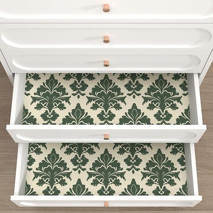Vintage Green Floral Symmetrical Wallpaper Peel and Stick 17.5" x 118" Boho Leaf Pattern Self Adhesive Cantact Paper, Waterproof Removable Vinyl Wall Covering for Bedroom Living Room Cabinet