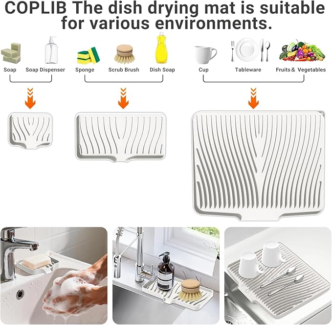 Silicone Dish Drying Mat for Kitchen Counter, Dish Drying Pad, Non-Slip Drain Pad with Built-in Drain, Heat Resistant Stone Drying Mat,Cream-1Set