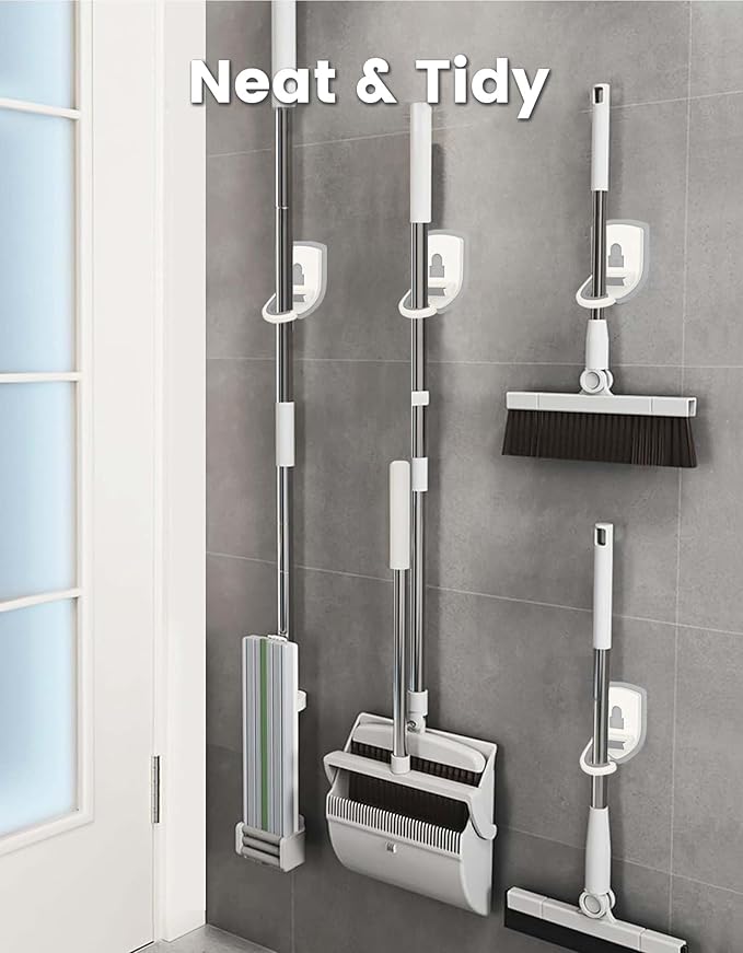 Broom Holder Wall Mount Self Adhesive, Broom and Mop Organizer Wall Hanging, No Drilling Anti-Slip Broom Hook Over Door for Home, Kitchen, Garden, Garage Storage (5-Pack, Stone Blue)