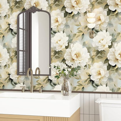 White Floral Wallpaper Peel and Stick,Beige/Green Peony Contact Paper,Oil Painting Watercolor Large Flower Wall Paper Self Adhesive Waterproof Removable for Bedroom Shelf Cabinet Drawer 17.5" x 118"