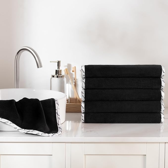 Arkwright Makeup Remover Fingertip Towels 6 Pack - Microfiber Coral Fleece Face Towels, Ultra Soft Reusable Washcloths, Gentle Facial Cleansing for Waterproof Makeup, 11 x 17, Black/White
