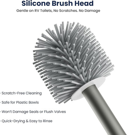 RV Toilet Brush and Holder Set- One-Piece Long Handle, Silicone Head, Magnetic Base- RV Bathroom Cleaning Kit, RV Essentials Accessories for Camper, Trailer, Motorhome