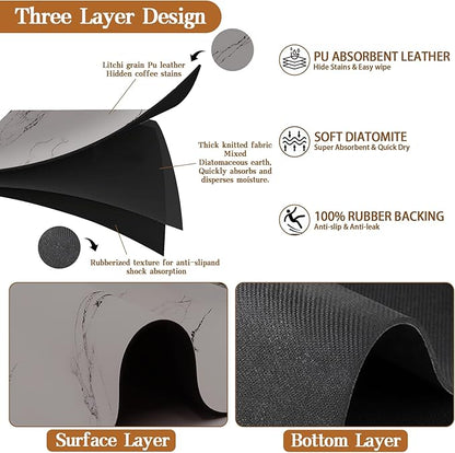 Dish Drying Mats for Kitchen Counter, 24"x16" Absorbent Coffee Bar Mat, Quick Dry Dish Rack Pad with Rubber Backed Non-Slip Marble Pattern Kitchen Counter Dish Draining Mat Easy to Clean (Gray)