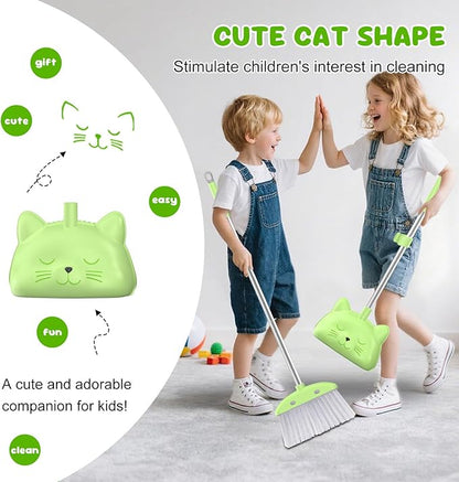 Mini Broom with Dustpan for Kids, 28-in Handle Kids Broom and Dustpan Set for Toddlers Cat-Shaped Children Broom and Cleaning Set Boys Girls Small Housekeeping Helper Set, Green