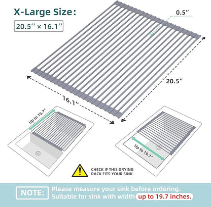 Ohuhu Sink Drying Rack, 20.5" W x 16.1" L Over The Sink Roll-Up Dish Drainer - Rolling Foldable Accessories Heat-Resistant Mat Anti-Slip Silicone Coated Multipurpose for Kitchen Counter