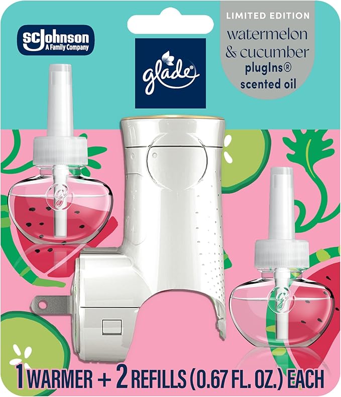 Glade PlugIns Refills Air Freshener Starter Kit, Watermelon & Cucumber, Scented and Essential Oils for Home and Bathroom, 0.67 Fl Oz, 1 Warmer + 2 Refills