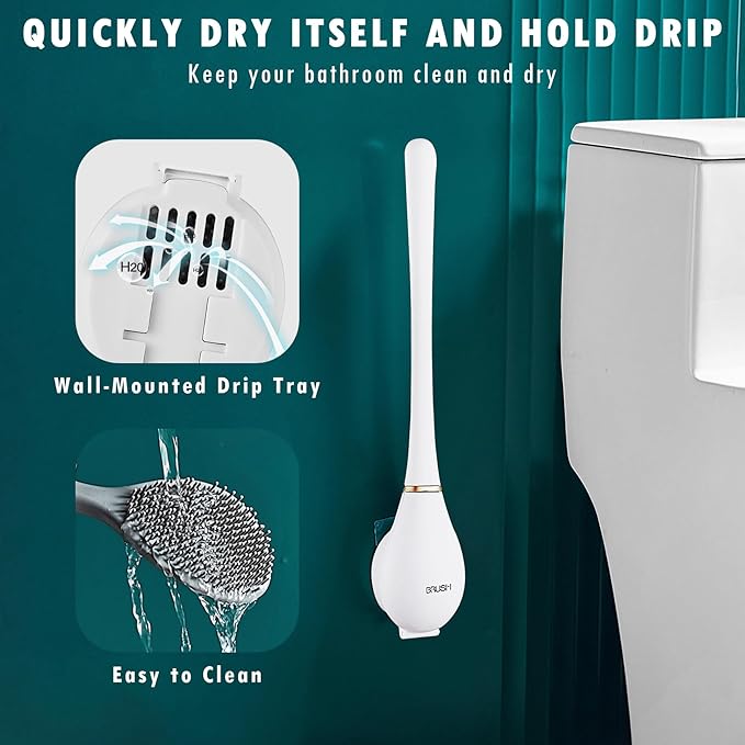 Modern Flexible Silicone Toilet Caspa, Silicone Toilet Bowl Brush and Holder Set, Flat Flexible Brush Holder Set, Water Drop Toilet Brush, Toilet Wand Cleaning Kit Wall Mounted(White)