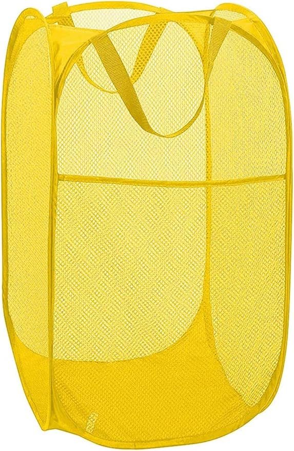 DurReus Portable Mesh Laundry Hamper with Large Pocket College Foldable Pop Up Clothes Basket Rectangle RV Organizer Bin Yellow