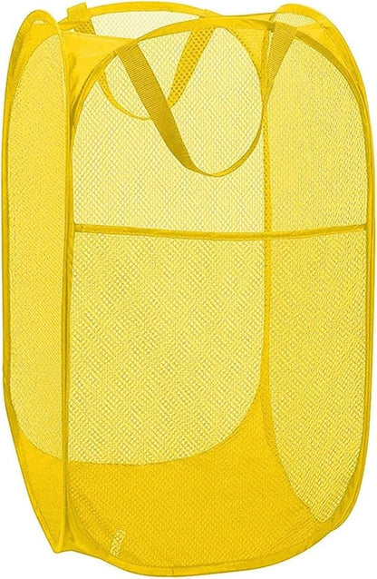 DurReus Portable Mesh Laundry Hamper with Large Pocket College Foldable Pop Up Clothes Basket Rectangle RV Organizer Bin Yellow
