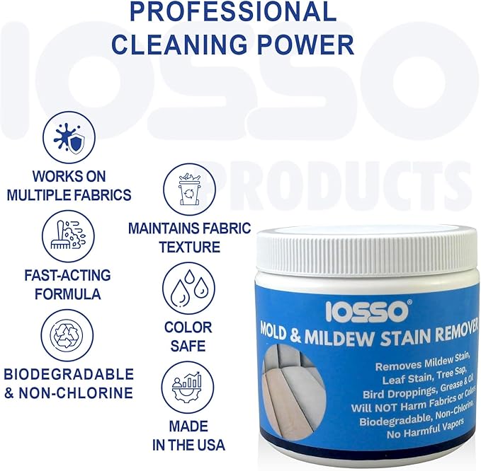Iosso Mold & Mildew Stain Remover – Color Safe for Awnings, Tents & Boats – Concentrated Formula Makes 3 Gallons – Biodegradable, Non-Chlorine Fabric Cleaner