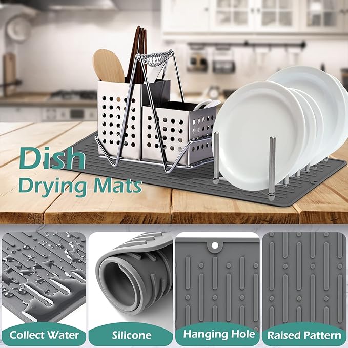 GeeRic Dish Drying Mats, Heat-resistant Silicone Mat for Kitchen Counter, Non-Slip Dish Dry Mat Dishwasher Safe Large, Gray