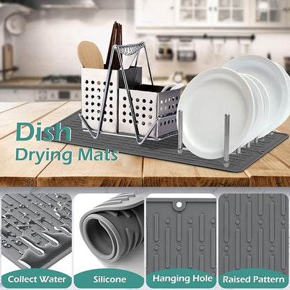GeeRic Dish Drying Mats, Heat-resistant Silicone Mat for Kitchen Counter, Non-Slip Dish Dry Mat Dishwasher Safe Large, Gray