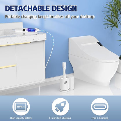 Electric Toilet Brush and Holder Set, Electric Toilet Bowl Brush, Toilet Brush Cleaner Set with 5 Refills Disposable Cleaner Brush, Floor Standing, Wall Mounted Without Drilling, Rechargeable, White