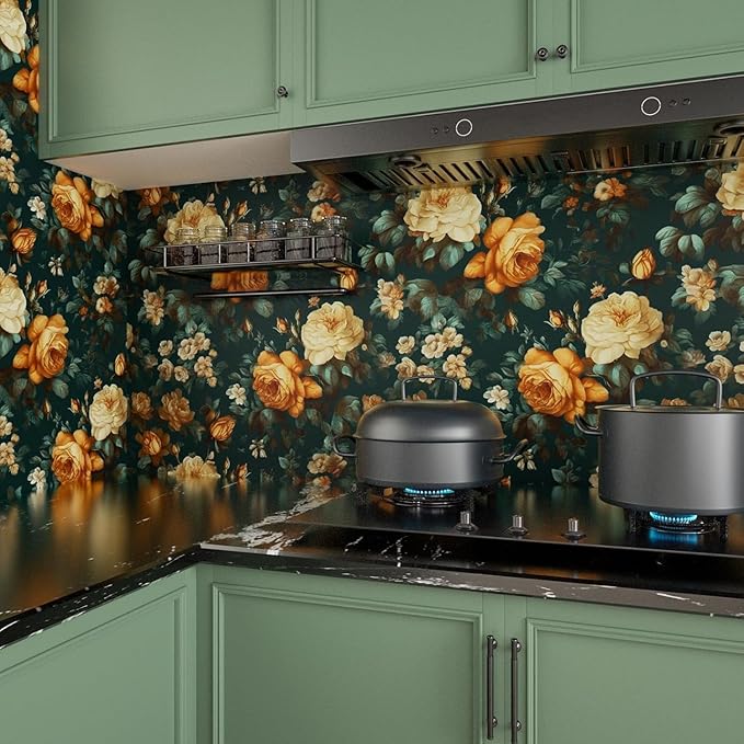 Fvlow Glowing Floral Peel and Stick Wallpaper Vintage Dark Green 17.4" x 118" Vinyl Wrap Worktop Covering Self Adhesive Removable Flowers Contact Paper for Cabinets Drawers Home Decor