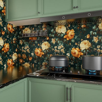 Fvlow Glowing Floral Peel and Stick Wallpaper Vintage Dark Green 17.4" x 118" Vinyl Wrap Worktop Covering Self Adhesive Removable Flowers Contact Paper for Cabinets Drawers Home Decor