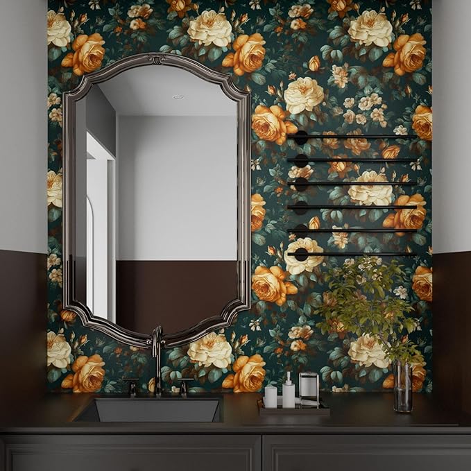 Fvlow Glowing Floral Peel and Stick Wallpaper Vintage Dark Green Wallpaper Vinyl Wrap Kitchen Worktop Covering Self Adhesive Thick Flowers Contact Paper for Cabinets Drawers Sticker Decor 17.4" x 394"